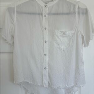 Sheer White Button-Up Shirt with Frayed Hem